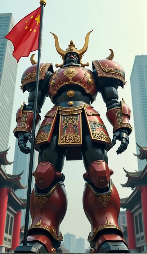 Giant Humanoid Robot (China)
A colossal humanoid robot in the form of a legendary Chinese general, wearing traditional armor and holding a spear. The robots body is covered in red and yellow, with golden stars representing the flag of China. The robots des...