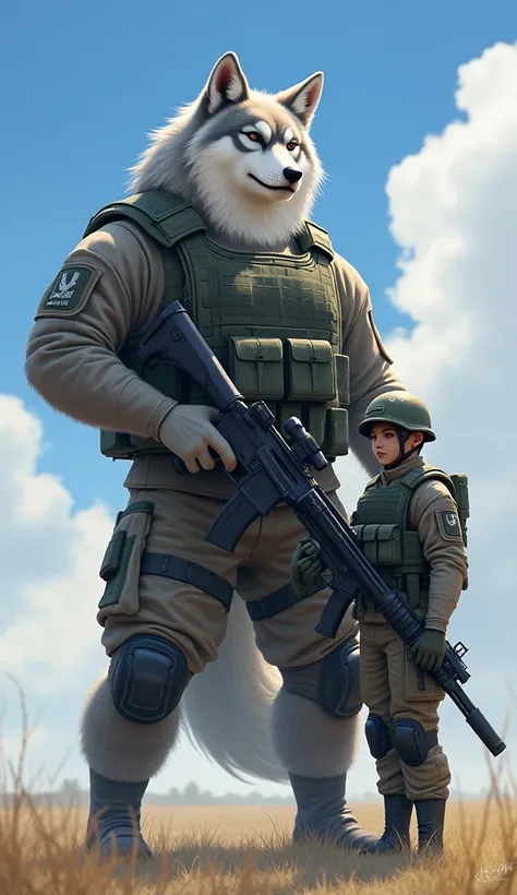  Imagine a large anthropomorphic Japanese wolf ,  in a powerful position next to a normal-sized human soldier .  The wolf is wearing a military uniform with a tactical vest and holding a gun with confidence. Its coat is gray and white ,  with an attentive ...