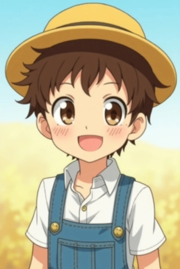 Read the image of a boy with messy brown hair whose hair is fluffy and short , brown eyes, white tea,  dressed as a farmer wearing a white shirt and a light blue overoll , That he wears a yellow hat type of farm that is animated in the anime style his smil...