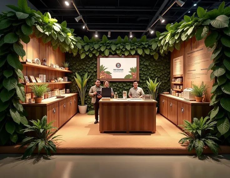 For the stand ,  designs a natural space decorated with the Peruvian jungle,  tasting area , pantalla mostrando  the artisanal process ,  and trained staff ;  uses brown colors ,  green and beige .  For the brochure ,  creates a cover with the logo and slo...