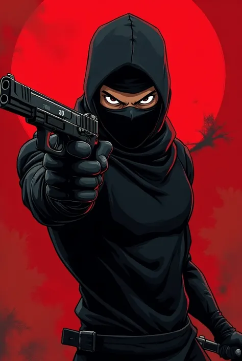 A ninja with a glock in his hand and with the number 30 on the back and the red and black background. Title ( The ninjas.
Cartoon