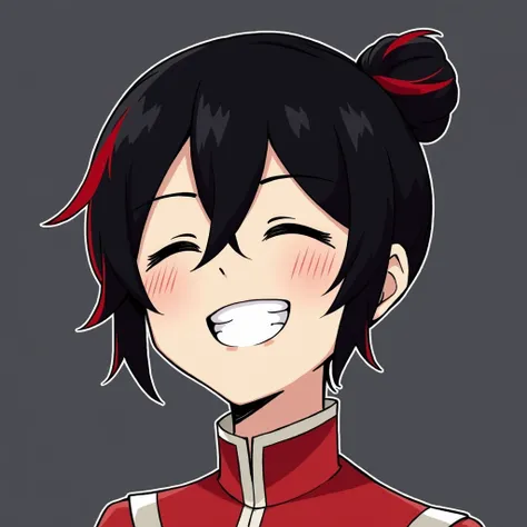 a guy character with a cheerful expression. The character has black hair with red highlights, styled with a bun at the back and some loose strands framing the face. Their hair falls slightly over the forehead, and the red streak runs through the middle par...