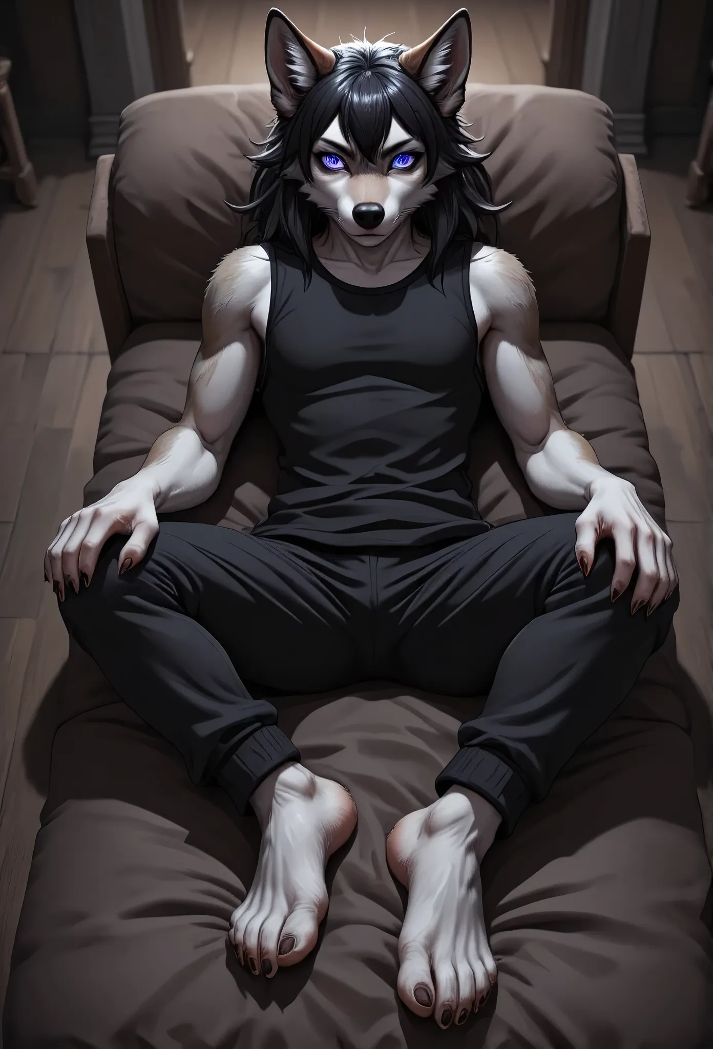 a young wolf boy lying on a sofa, full body, (((completely hypnotised))), wearing a black tank top and black sweatpants, barefoo...