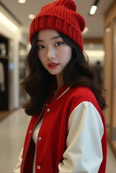 Beautiful asian woman in the red baseball jacket with White leather sleeves in the shop, red nit hat