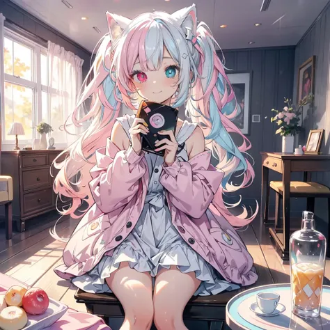 ((masterpiece)), ((best quality)), (ultra-detailed), ((kawaii)), cute, (lovely), ((extremely detailed)), 4K, (8k), best quality, (beautiful), anime style2, full body, and change, Alone, beautiful pastel pink hair,twintails, ((beautiful eyes)),((( Heterochr...