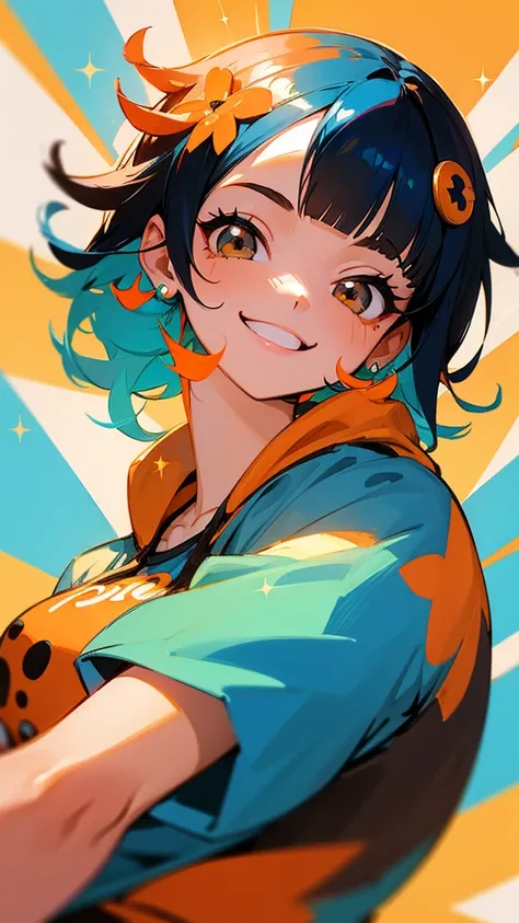 Please create a cute up illustration of a female character in One Piece 、 smiling、 glitter、 colorful 、 fearless smile 、Look Down、 dark blue hair 、 short hair、 jet black brown eyes 、 orange hair ornament 