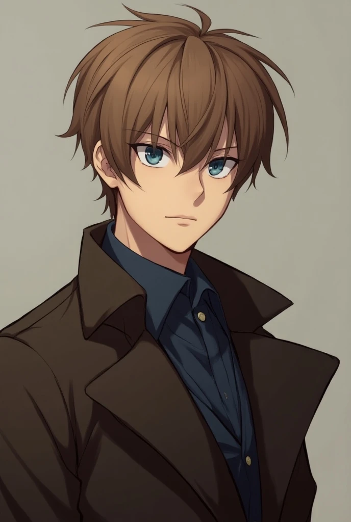  19-year-old man with light brown hair ,  short and slightly messy , giving him a casual look ,  but with a youthful maturity .  His blue eyes are deep and attentive ,  with an introspective and thoughtful look ,  typical of a character who is always looki...