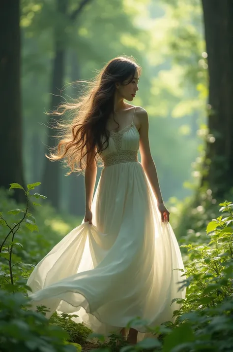  Long-haired girl in the wind on her back, wearing a white dress in the middle of the forest  