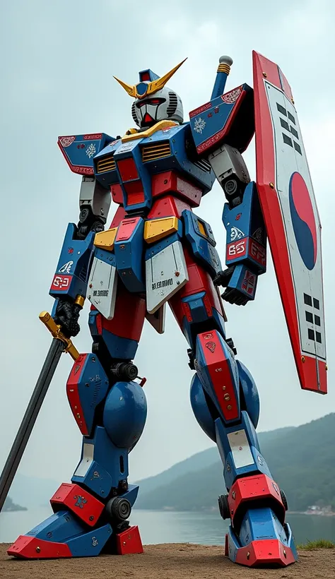 Giant Humanoid Robot (South Korea)
A giant robot inspired by a traditional Korean warrior, with a fusion of futuristic tech and historical armor. It is painted in blue, red, and white, based on the South Korean flag. The robot holds a shield and sword, rea...