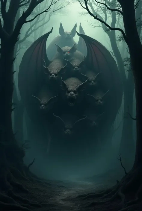 A cluster of huge creepy bats in a shady, misty forest 