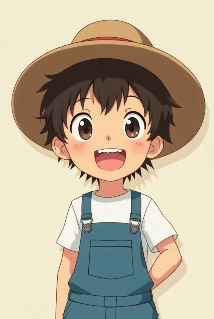  a boy with fluffy brown hair and a messy smile showing his teeth and being happy ,  its comforting to see his smile white complexion dressed in a light blue jumpsuit and a white shirt,  brown eyes farmers hat ,  that closes your eyes to smile , In 2D anim...