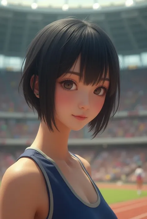 (Best Quality,4K,8k, high resolution on down,masterpiece:1.2), very detailed,(Realistic,photoRealistic,photo-Realistic:1.37), full body、athlete、(Female high jumpers)、 young Japanese woman,Textured straight super short bob cut hair、regrettable、 perfect anat...