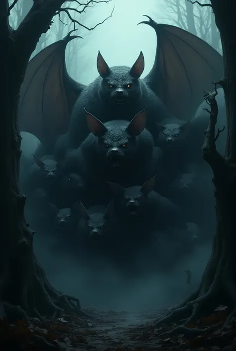 A cluster of huge creepy bats in a shady, misty forest 