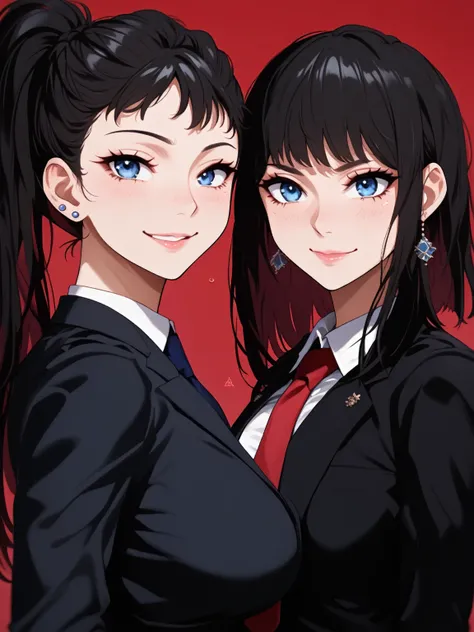 Arthur Adams-style portrait of athletic twin sisters standing side by side. Both wear black suits with high detail. The sister on the left has long black hair in a ponytail, cold blue eyes, a serious expression, and a blue tie. The sister on the right has ...