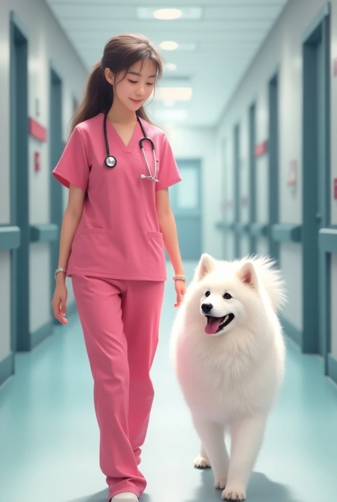 She is walking through the hospital wearing pink nurse clothes and wearing a stethoscope around her neck　A cute pure white Samoyed dog is walking next to her. 