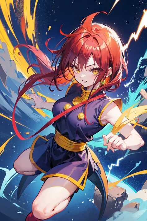 dragon ball style, cute saiyan girl, crimson hair, yellow eyes, , smile, electricity, aura, energy, dark navy blue saiyan outfit