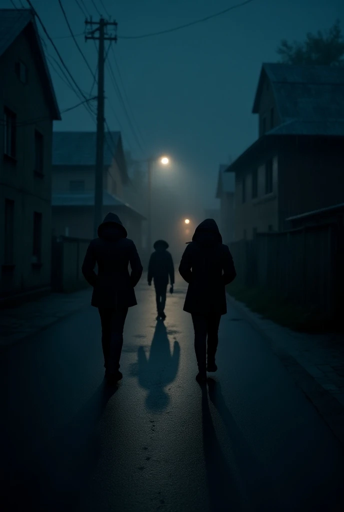  the night in the Russian village , rain.  People are walking down the street ,  their faces are hidden ,  they are in the distance .  The camera is shooting from , creating a feeling,  that someone is watching them from the shadows of .  The street is dar...