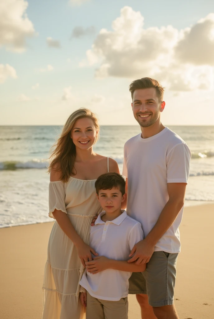 family photo of three people mom ,  dad and teenage boy on the beach