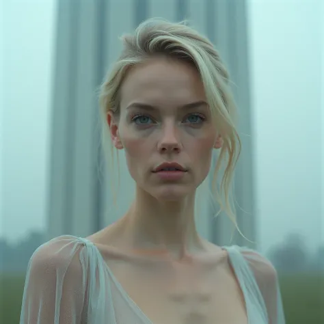 (), a realistic full body portrait of a Anya Olsen woman, Beautiful, (Detailed Face), perfect eyes, (highly detailed skin:1.1), perfect slim body, wearing a futuristic designer dress, ethereal dreamy foggy, photoshoot by alessio albi, VOGUE Fashion magazin...