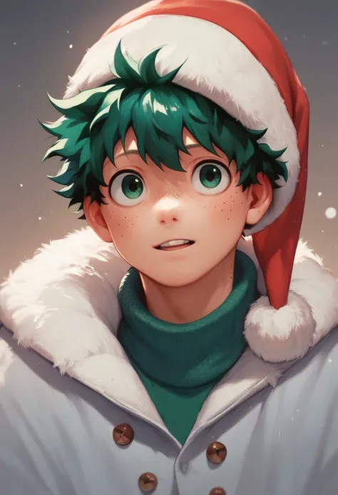  Izuku Midoriya wearing modern winter outfit and a Christmas hat and adorable face