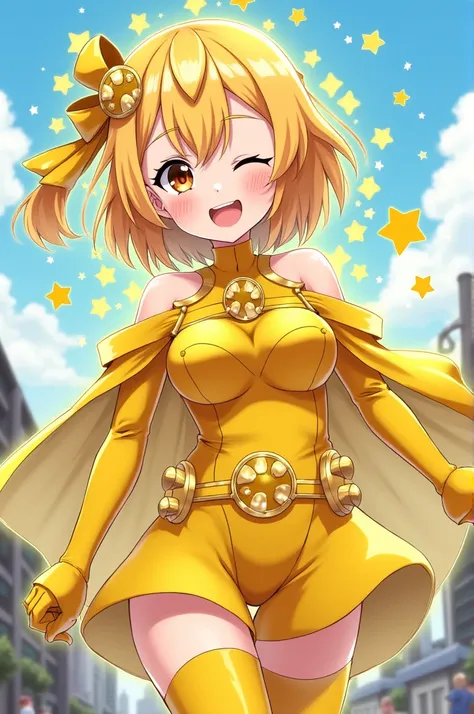 Yello Heart better known as Peashy she is a  from the anime Neptunia One fine day Peashy decides to become Yello Heart just so she can inflate her breasts