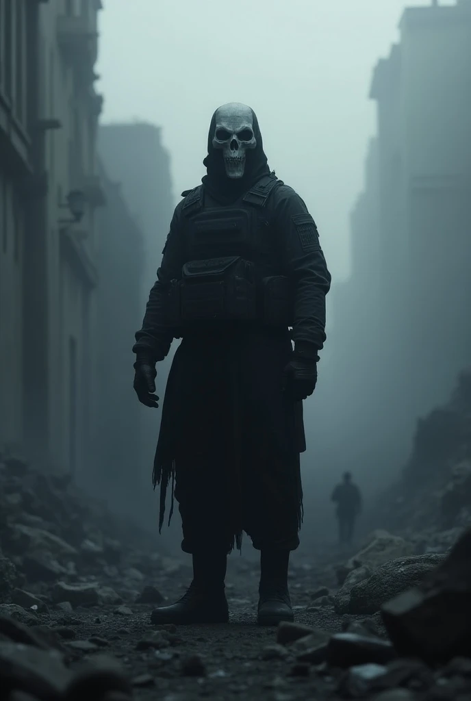  Here is a prompt from  "Ghost"  with a melancholic touch ,  highlighting the loneliness and sadness in the eyes :

"Ghost,  the masked soldier with his iconic skull mask ,  stands in amidst a desolate and dark setting ,  where destruction and silence take...