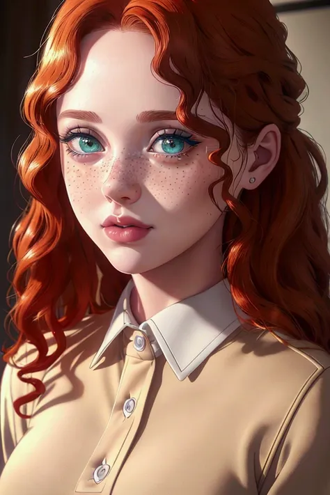 a beautiful redheaded girl with curly hair, emerald green eyes, a slightly rounded face with freckles on her nose and cheeks, wearing a beige school sweater, a white collared shirt, (best quality,4k,8k,highres,masterpiece:1.2),ultra-detailed,(realistic,pho...