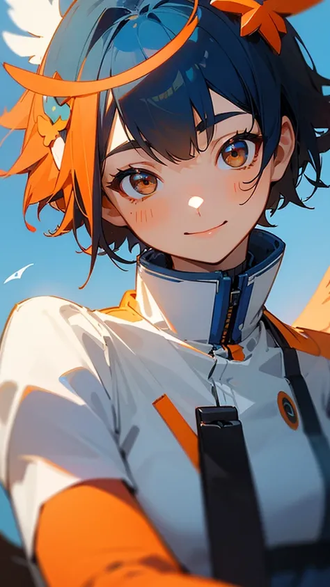 One female character、solo、smile、 upper body close-up with angel wings and halos 、不敵なsmile、Look Down、(( dark blue hair 、 short hair、 jet black brown eyes 、 orange hair ornament ))