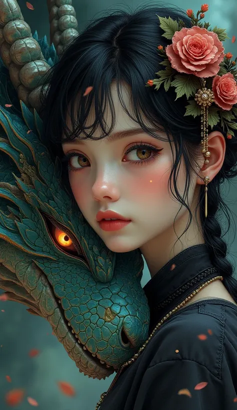 girl and her dragon,  close-up, dark fantasy, Jean Baptiste Monge, Carne Griffiths, Michael Garmash, seb McKinnon, Anna Dittmann masterpiece, Susan Boulet, oriental garden background, nighttime{Des teintes célestes, louer, , Brillance à l&#39;huile, mignon...