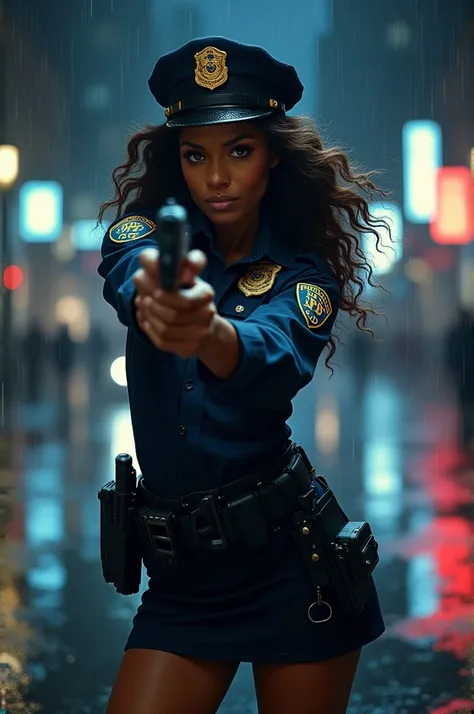 1 Female、black American Beauty、Super beautiful、Facial beauty、hazel eyes、Standing、New York Police Uniform、mini skirt、brown Hair、Night Street、Backlight、The wind is blowing、it&#39;s raining、She 
 is looking intently at the barrel of the gun.、Thigh-up shot、poi...