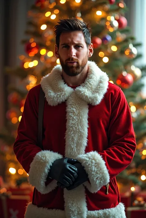  Ultra-realistic portrait of Lionel Messi dressed in the classic Santa Claus costume :  red coat with white plush details ,  red pants and black boots .  he is smiling kindly , with a warm expression,  as she poses with a gift bag over her shoulder ,  in f...