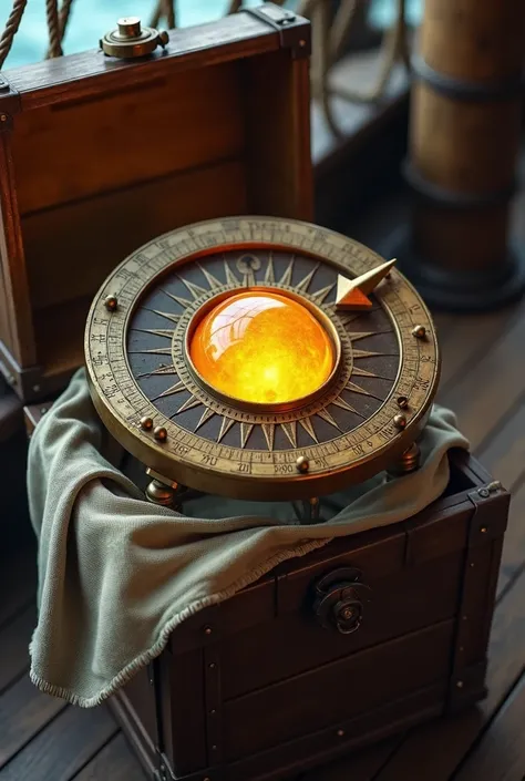 a detail hyper realistic round astrolabe on a stand with a bright  mythical round starstone glowing inside. There is a brass arrow on the outside pointing the correct directions. The starstone emits very bright yellow magic glow. This device is wrapped in ...