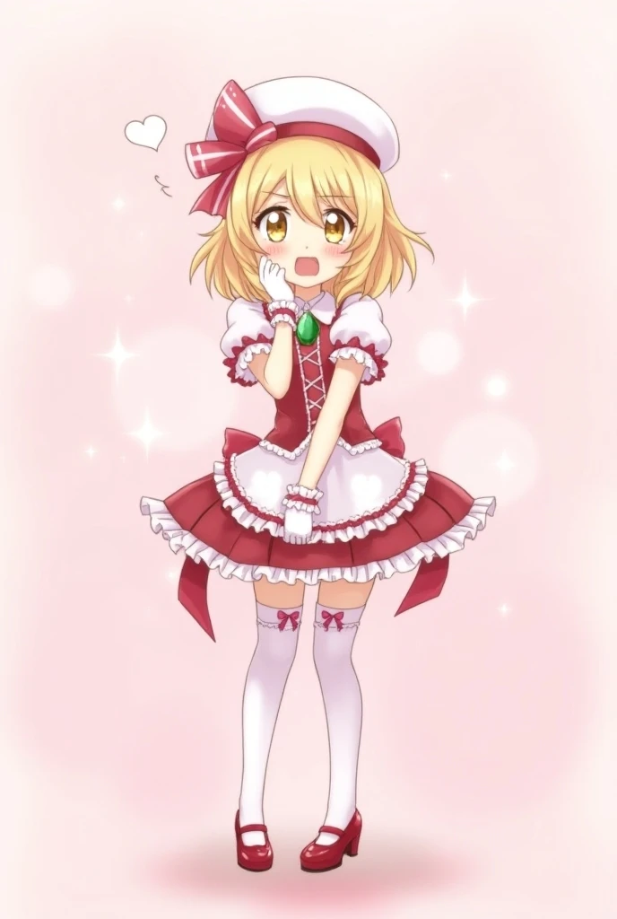 A juvenile juvenile with short blonde hair and an ahoge, wearing a magical girl outfit with a white beret hat with a large bow, a frilly colorful dress with a flared skirt, puff sleeves, and frills, a large bow on the back, white gloves , pink wristbands, ...