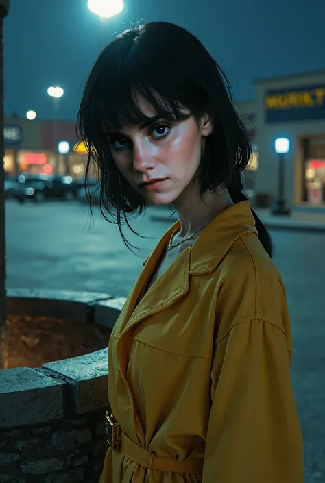  The girl in the character reference , next to a well , night, under the moonlight,  in a mall parking lot, In the city. Close-up of Ellatriste .  Dressed in yellow .  She faithfully references the character image.