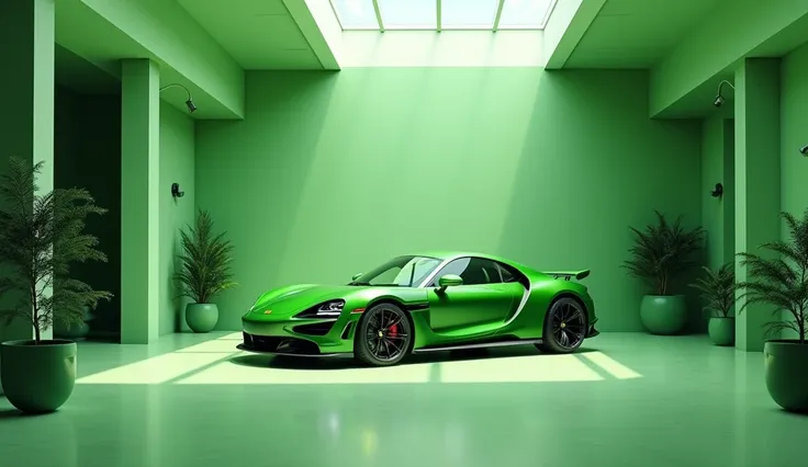 Detailing studio in green tones with a green car