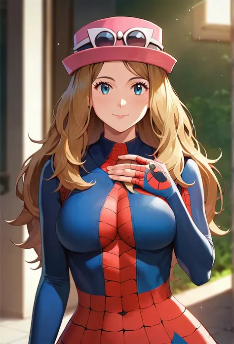 score_9, score_8_up, score_7_up, source_anime, masterpiece, absurdres, cinematic lighting, 1girl, serena from pokemon, Big breasts, pink hat, brown hair, spiderman suit