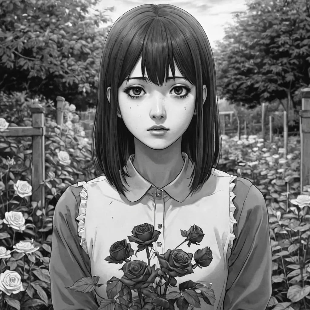 1 girl, blood rose flower garden, (anime), a strange scenario, this is junji, yusuke murata , black and white, 8k, anime, horror