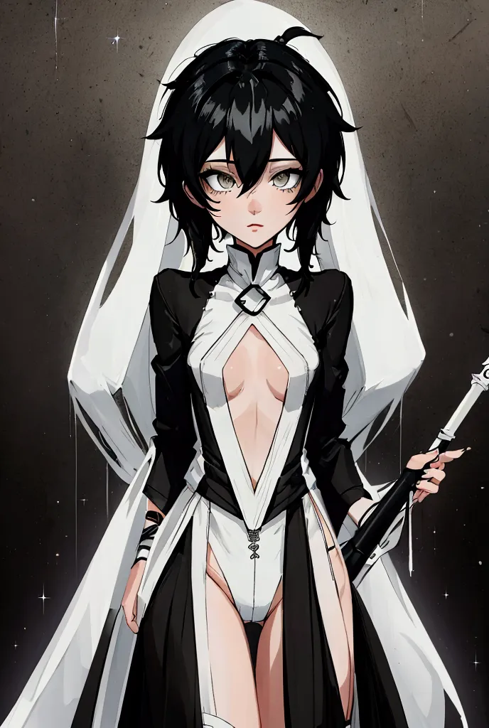 ((highest quality)), ((masterpiece)), (be familiar with), bleach,soi fon, 1 woman, alone, black hair, white g-string, only under...