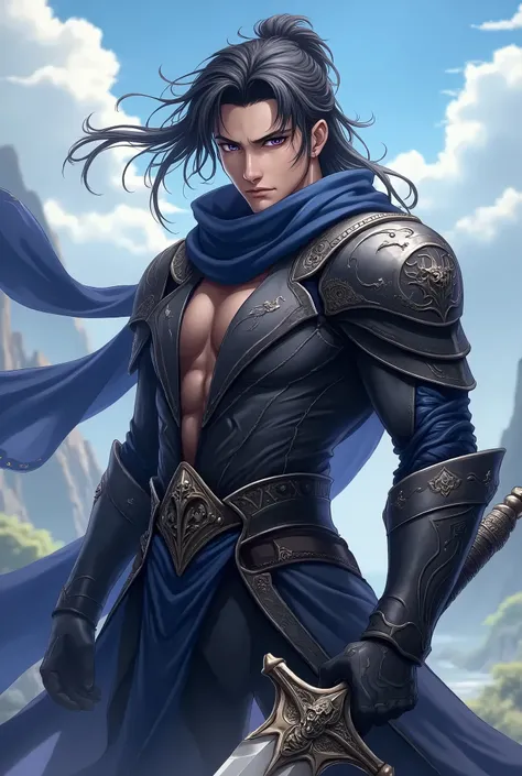 Heres the description of the anime-style fantasy character in English:

This man is tall, with a muscular build and well-defined muscles, yet his facial features are refined. He has long, dark hair that slightly waves in the wind, tied in a ponytail or sty...