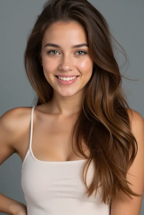 Create an image of an extremely beautiful young woman, 18 years old, with long brown hair and green eyes. She should have Brazilian features, with a warm and friendly expression, a soft smile, and natural makeup that enhances her beauty. Her style should b...