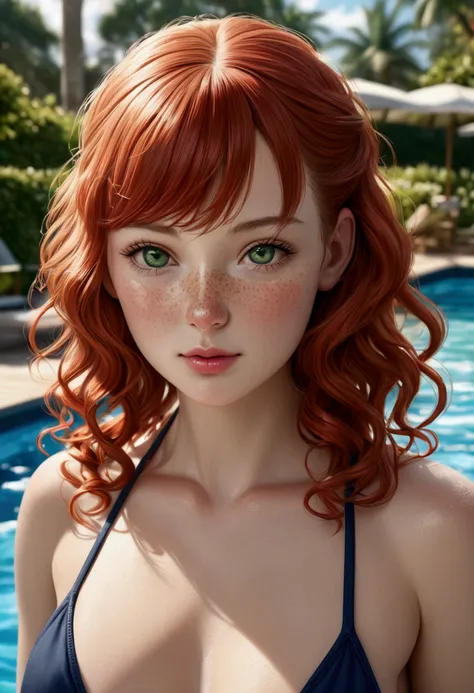 A beautiful redheaded girl with curly hair,emerald green eyes,slightly rounded face with freckles on nose and cheeks,wearing navy blue bikini,pool background,(best quality,4k,8k,highres,masterpiece:1.2),ultra-detailed,(realistic,photorealistic,photo-realis...