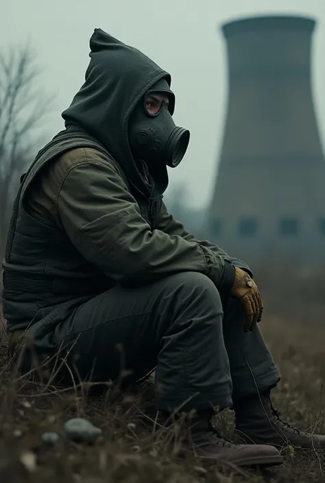 A Stalker mercenary wearing an unarmed gas mask sits near power unit 3 in Chernobyl 