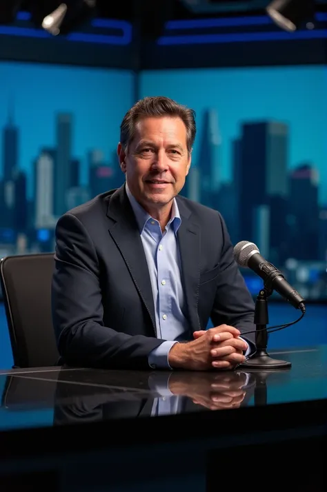 A person wearing a cutter is sitting behind a desk with a microphone in front of him