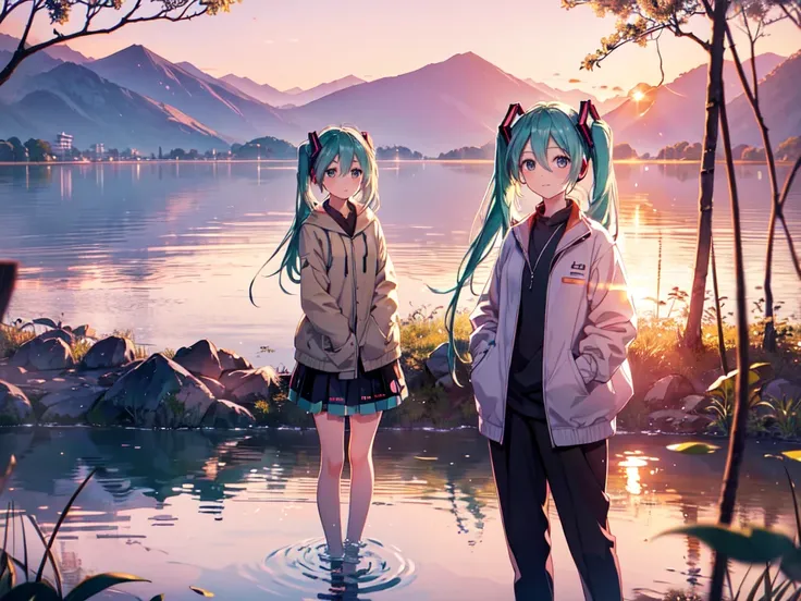 (masterpiece:1.2), (best quality:1.2), (digital illustration:1.2), intricate details, (Hatsune Miku:1.4), (standing near the shore of West Lake Hangzhou:1.2), (looking out at sunrise reflection:1.2), (hands in pockets of light beige cotton jacket:1.1), (so...