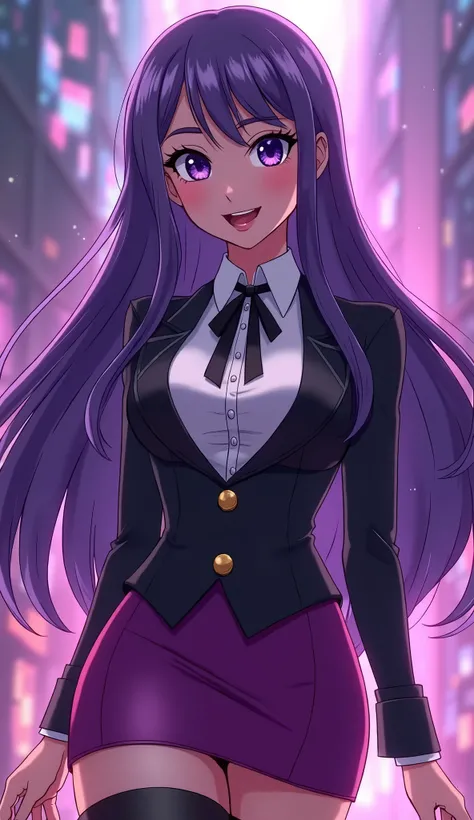 Zatanna from DC Super Hero Girls 2019, long purple hair, straight purple hair, sparkly purple hair, magical purple hair, Zatanna is a beautiful teenage girl with fair skin and a distinctive hourglass figure, thick light indigo hair that reaches mid-thigh w...