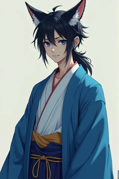 I would like an image of a tall young man with medium-length messy black hair tied back in a low ponytail. He has thin eyebrows and sharp dark blue eyes,fox ears and wearing a blue kimono