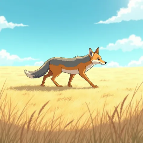  A wild coyote walking across a vast sunny plain ,  in anime style.  The coyote is portrayed with soft and expressive details ,  with golden and greyish fur shining in the bright sun .  The background is an open landscape ,  with grasses rolling gently in ...