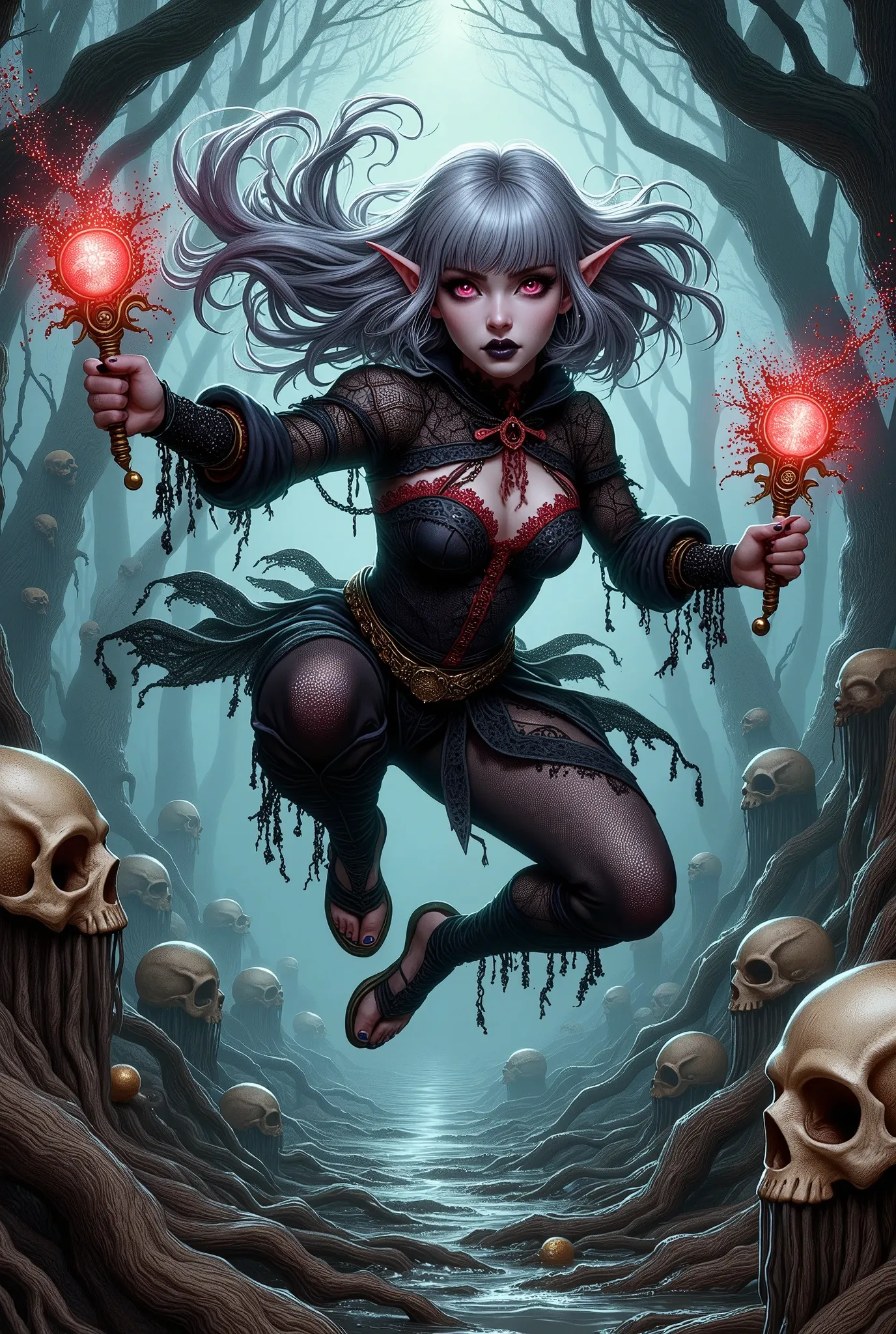 (Ultra-detailed face, Looking away, Fantasy Illustration with Gothic, Dark tone colors.), BREAK 
(A viewpoint looking up at the ground from underwater. A small swamp in a desolate forest at midnight. The female elven necromancer jumps into the air from a l...