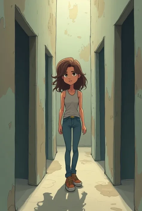 Micaela ( teenager Of average height white with brown hair and thin )  trapped in a room with doors that move away as you try to reach them, symbolizing the feeling of being stuck in your problems . cartoon 