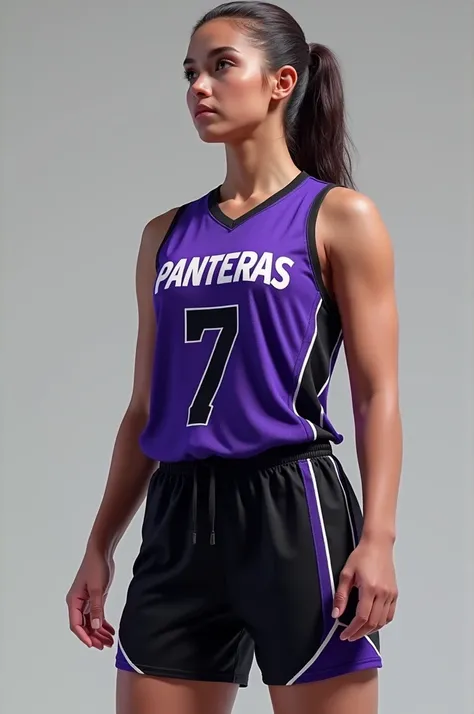  womens sleeveless basketball uniform ,  with the completely black shorts and the purple t-shirt with black highlights, the name PANTERAS and the number 7  